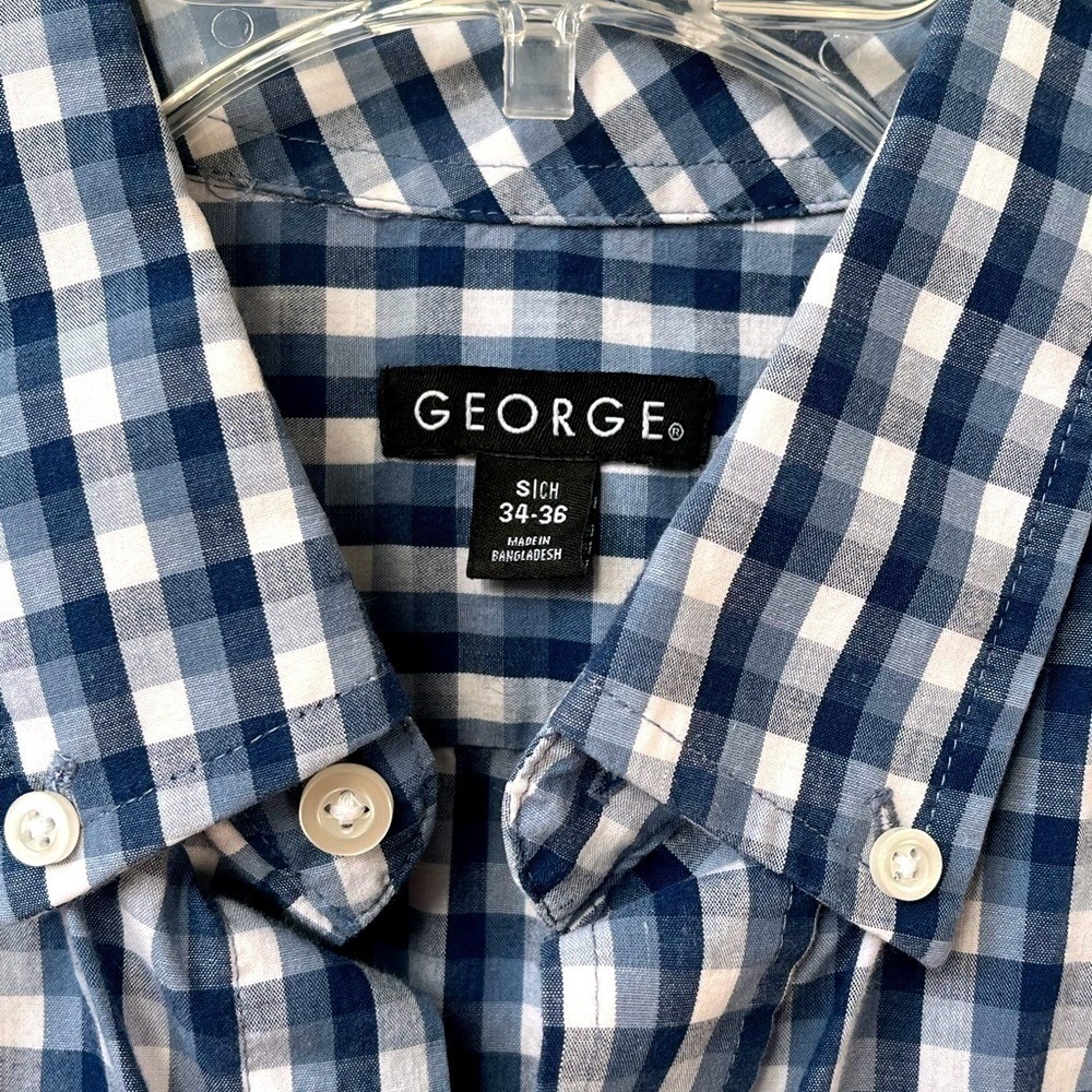 George Mens Short Sleeve Button Down Shirt Blue White Gingham Check Small 34-36 - Picture 4 of 6
